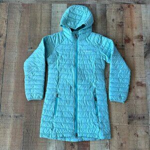 Columbia Girls Size Medium 10/12 Long Length Light Blue Puffer Jacket With Hood
